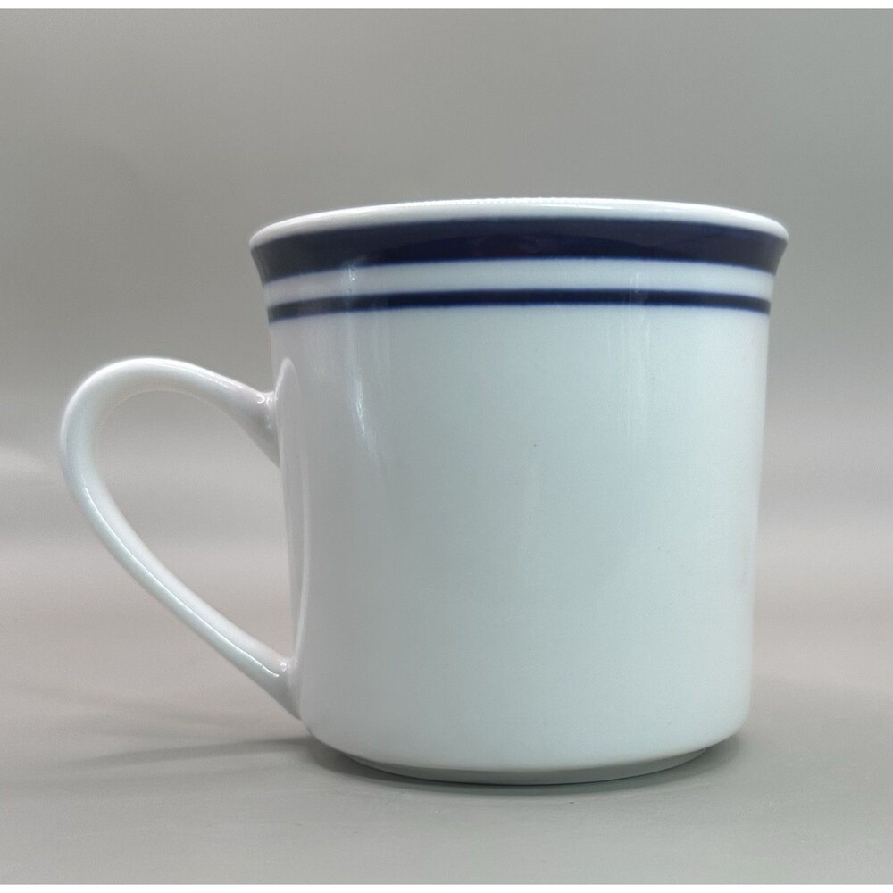 Vintage EHI Stoneware Coffee Mug White Blue Double Band Mid Century Minimalist